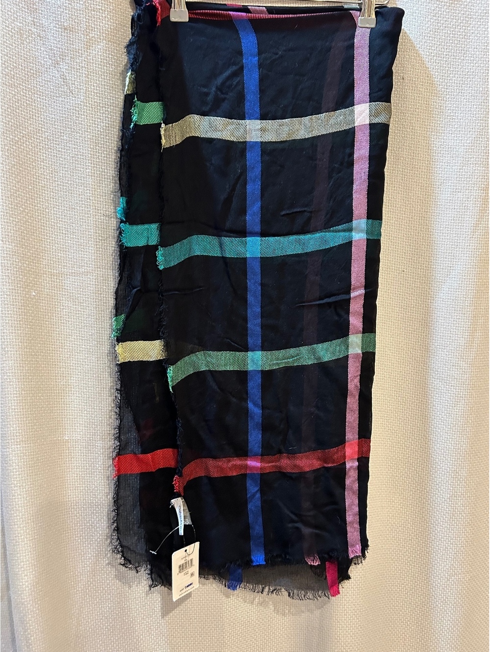 Calvin Klein Black Plaid Lightweight Scarf with Multicolor Stripes - New with T@